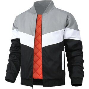 Men's Gray White Black Polyester Stylish Stand Collar Casual Bomber Jacket